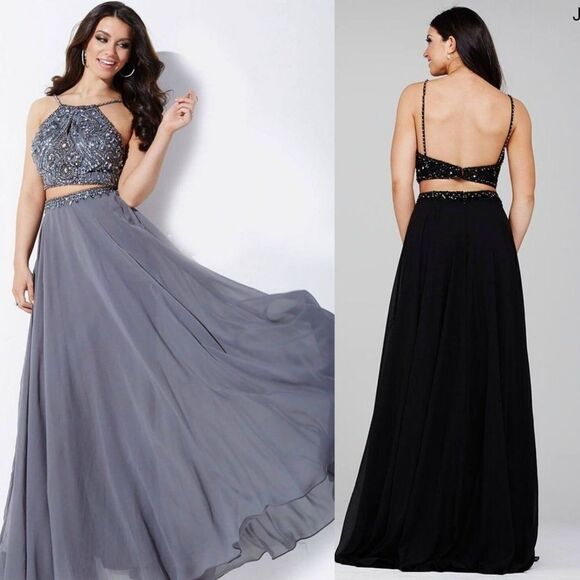 Jovani Gray Beaded Sequin Chiffon Two-Piece Maxi Dress 33848 - Picture 1 of 15